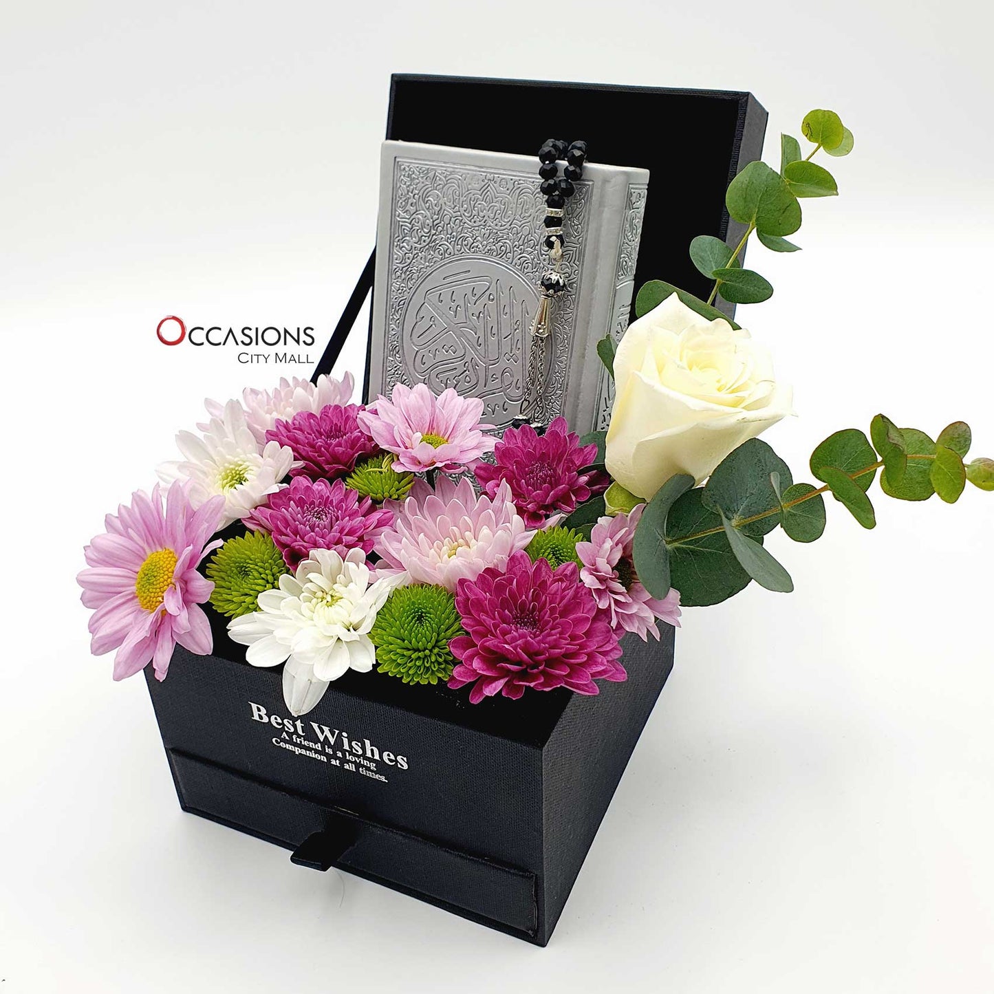 Quran With Merci Chocolate Drawer Arrangement – Silver