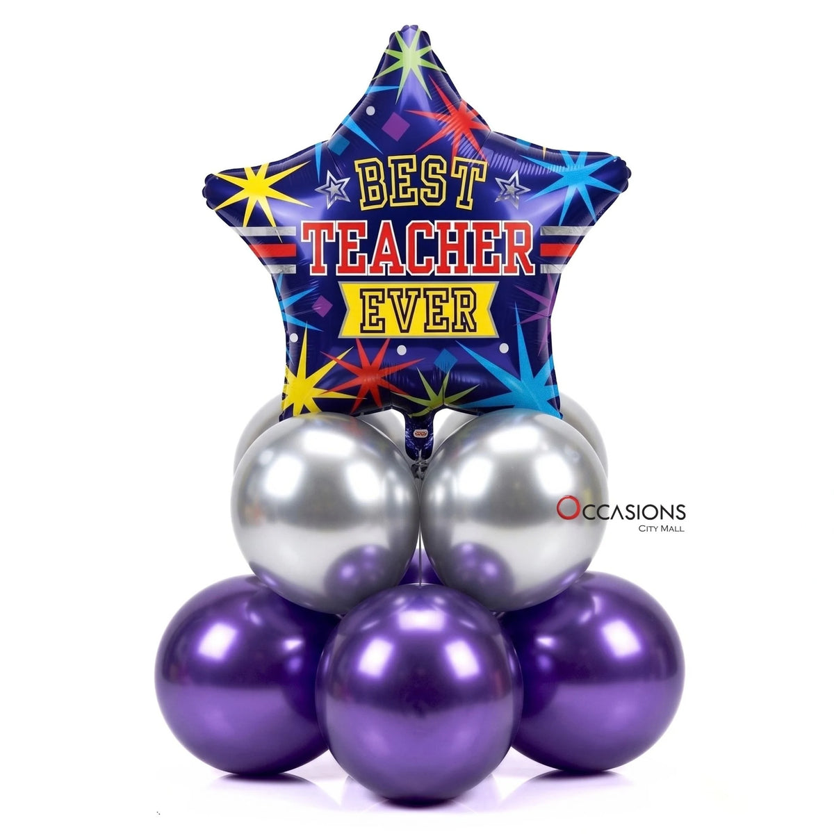 Best Teacher Ever Star Balloon Centerpiece: navy blue star foil balloon reading Best Teacher Ever on a base of shiny silver and purple balloons