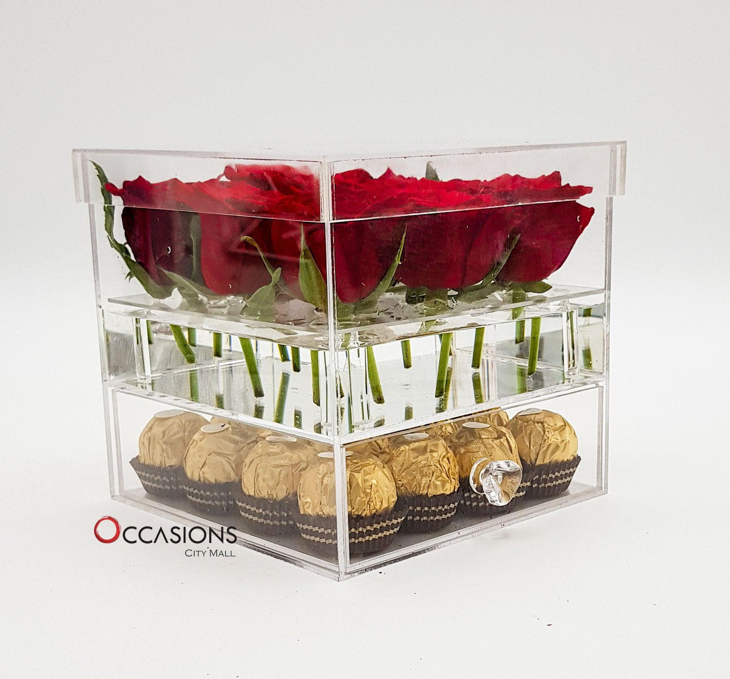 Acrylic Box With Ferrero - Red Flowerssend_delivery_Amman_Jordan