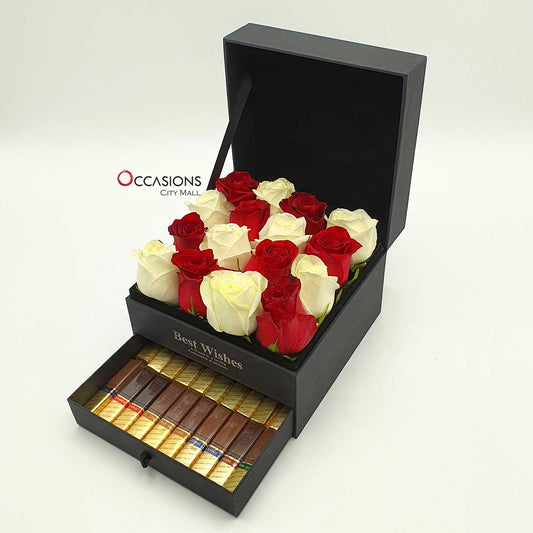 White & Red Roses Box with Chocolate Drawer (Large)
