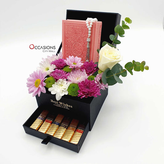 Quran With Merci Chocolate Drawer Arrangement – Pink