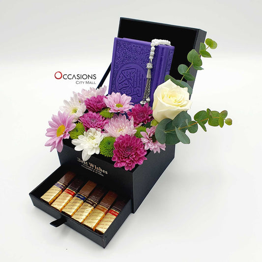 Quran With Merci Chocolate Drawer Arrangement – Purple