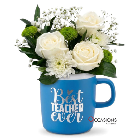 Best Teacher Ever Blue Flowers Mug - shop this flower arrangement online and get same day delivery anywhere in Amman Jordan