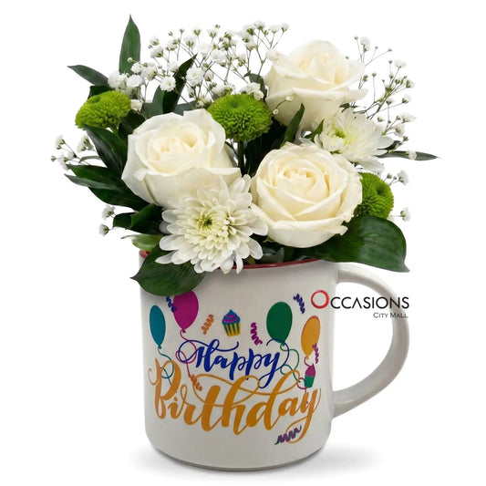 Happy Birthday Roses Mug Arrangement - buy these flowers online from the best flower shop in Jordan with fast delivery across Amman