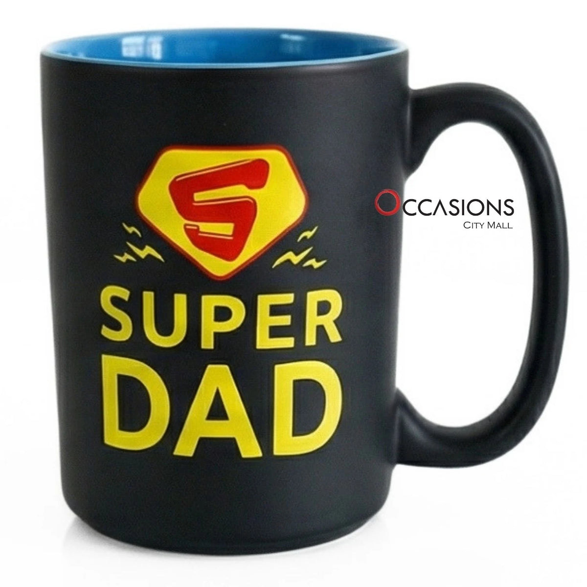 Super Dad Yellow Shield Mug - black mug with yellow shield design, gift delivery in Amman Jordan