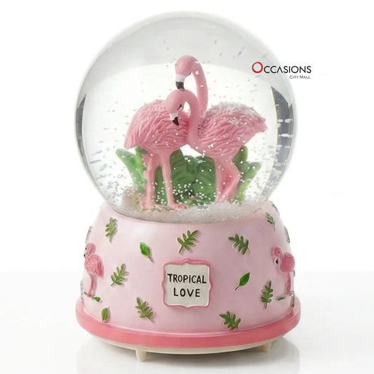 Flamingo Tropical Snow Globe - Pink With Light (H:13cm)