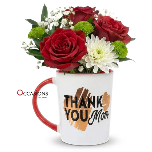 Thank You Mom, Typography Roses Mug - send this flower arrangement as a gift with same day delivery service in Amman Jordan