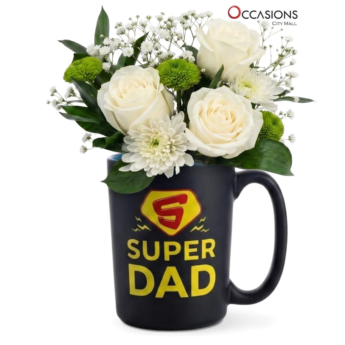 Super Dad Yellow Shield Roses Mug - white roses in a Super Dad mug, flower delivery in Amman Jordan