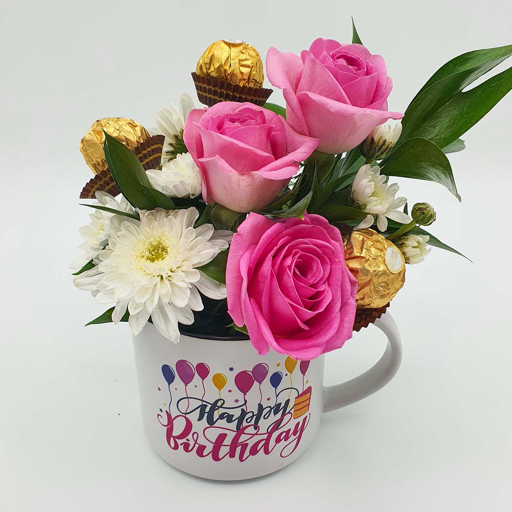 Happy birthday mug flowers arrangement