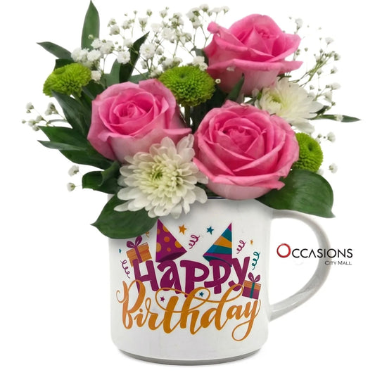 Happy Birthday Hats Roses Mug - shop this flower arrangement online and get same day delivery anywhere in Amman Jordan