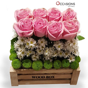 Pink Roses Brown Wood Box Flowers send_delivery_Amman_Jordan