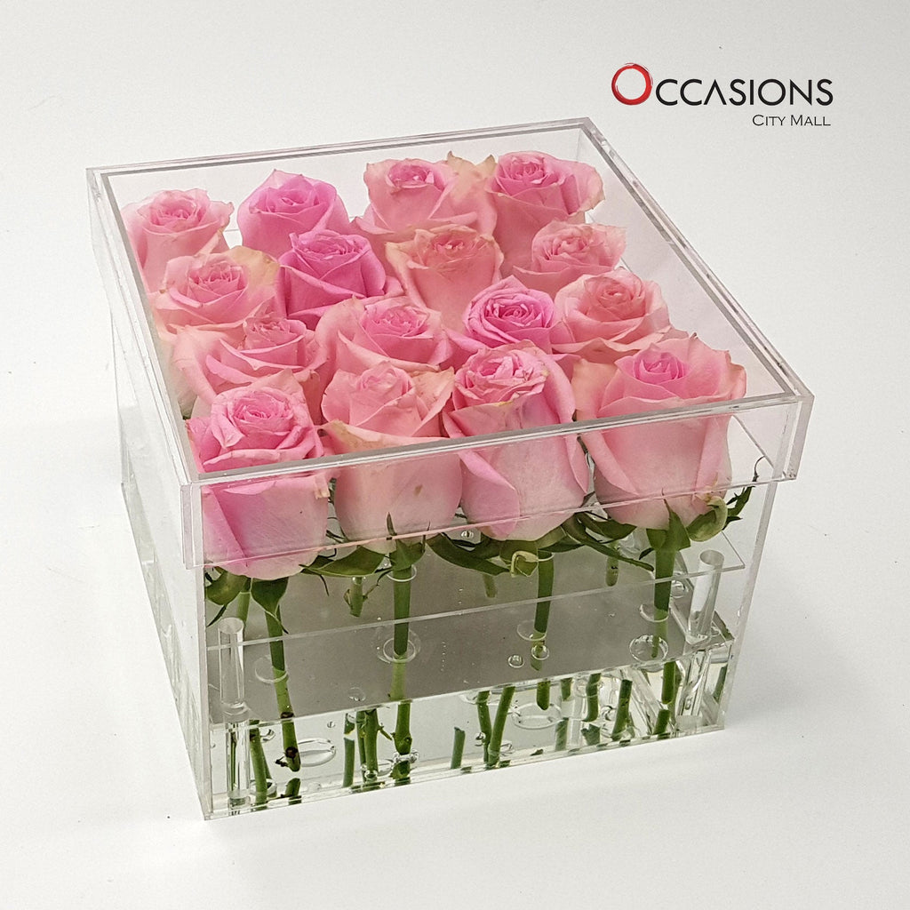 Pink Roses in Acrylic Box - 16 rose Flowerssend_delivery_Amman_Jordan