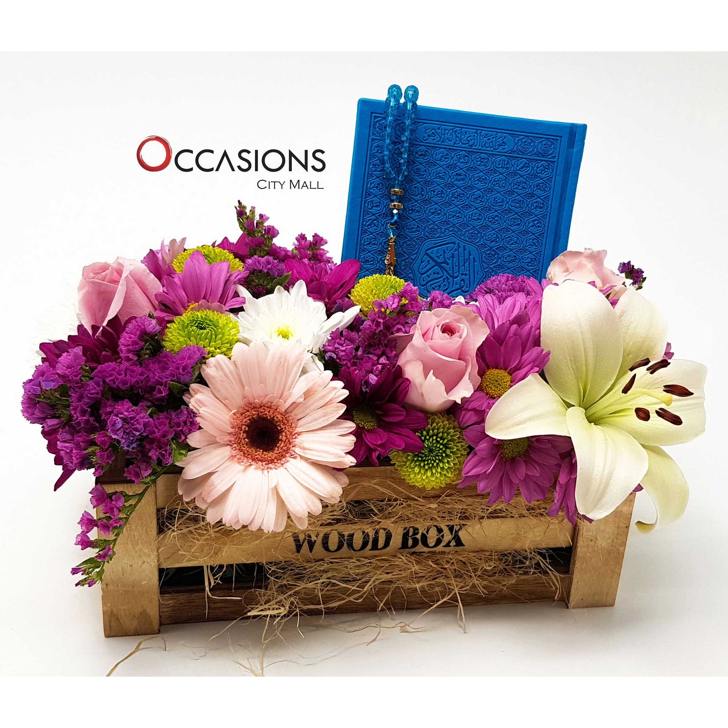 Quran Flower arrangement 3 - Blue Flowerssend_delivery_Amman_Jordan