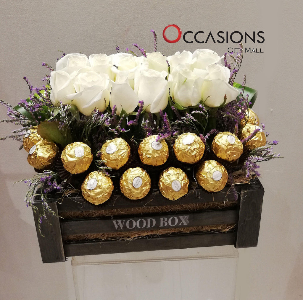 White Roses with Ferrero Wood Box Flowerssend_delivery_Amman_Jordan