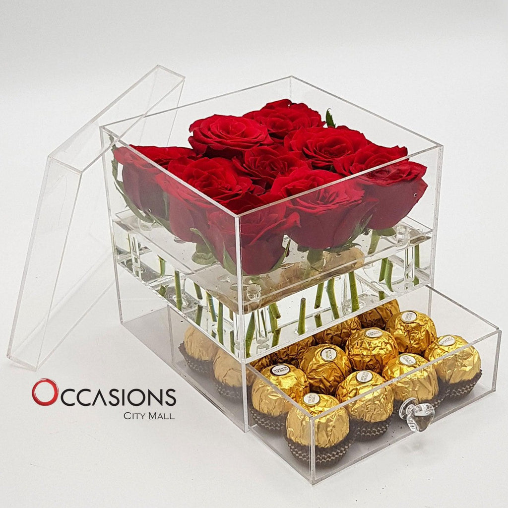 Acrylic Box With Ferrero - Red Flowerssend_delivery_Amman_Jordan
