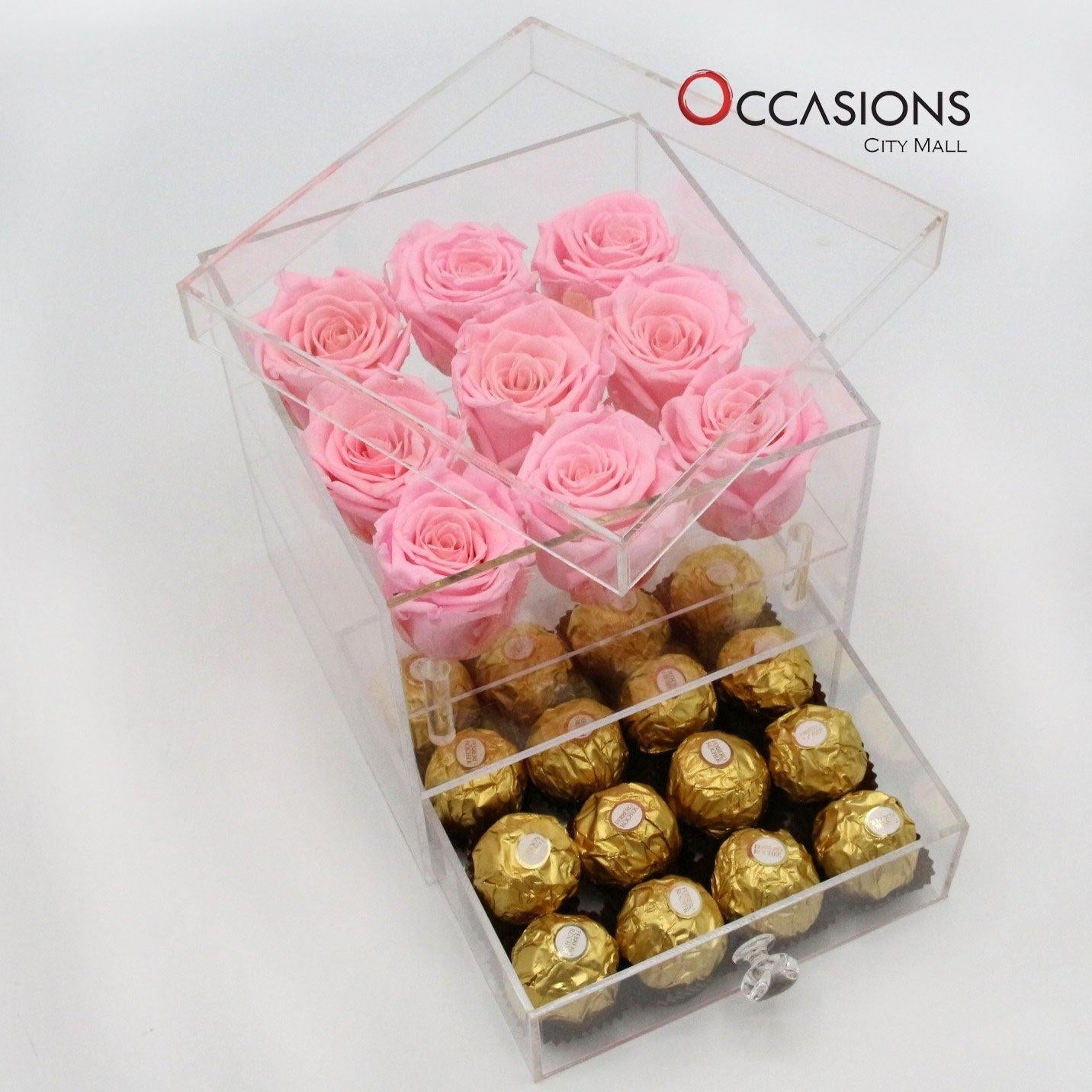 Acrylic Box With Ferrero - Pink Flowerssend_delivery_Amman_Jordan